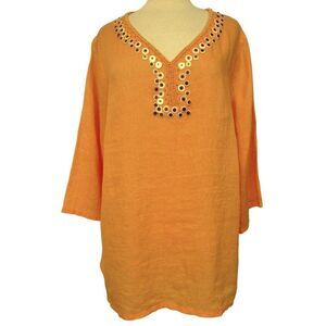 Avenue Embellished Linen Tunic Blouse Pullover Beaded V-Neck PLUS Sz 22-24 NEW